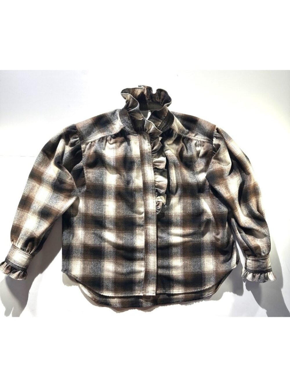Plaid Ruffled Wool-Blend Shirt By Sundays S Brown/Beige